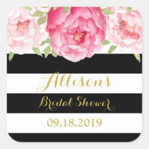 Black Stripe Pink Floral Bridal Shower Favour Tag