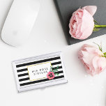 Black Stripe & Pink Floral Business Card Holder<br><div class="desc">This sleek and feminine business card holder features chic black and white stripes with a pretty watercolor pansy flower and faux gold accents. Customise with a monogram,  name or text of your choice! Matching business cards and accessories available in our shop.</div>