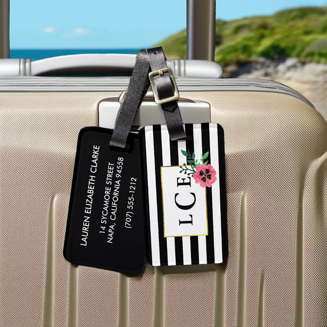 Black Stripe & Pink Floral Monogram Luggage Tag (Creator Uploaded)