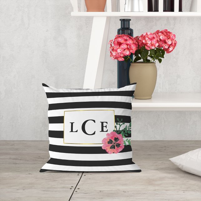 Black Stripe & Pink Floral Monogram Throw Pillow (Creator Uploaded)