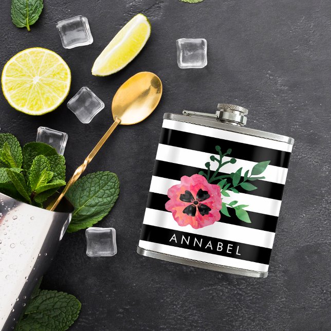 Black Stripe & Pink Floral Personalised Flask (Creator Uploaded)