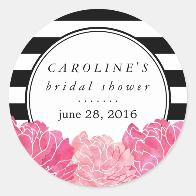 Black Stripe & Pink Peony Bridal Shower Classic Round Sticker (Front)