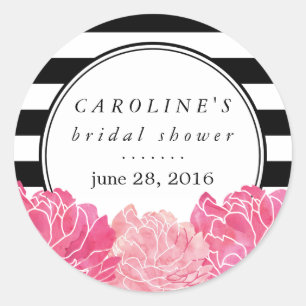 Black Stripe & Pink Peony Bridal Shower Classic Round Sticker