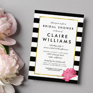 Black Stripe & Pink Peony Bridal Shower Invitation