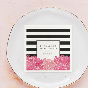 Black Stripe & Pink Peony Bridal Shower Napkin