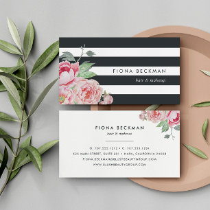 Black Stripe & Pink Peony Business Card