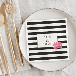 Black Stripe & Pink Peony Napkin