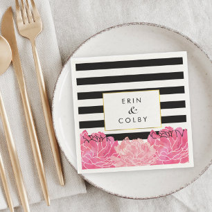 Black Stripe & Pink Peony Napkin