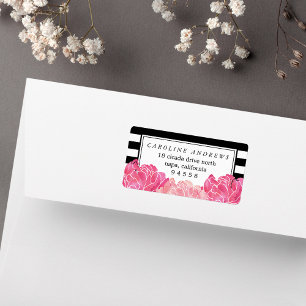 Black Stripe & Pink Peony Watercolor Return Label