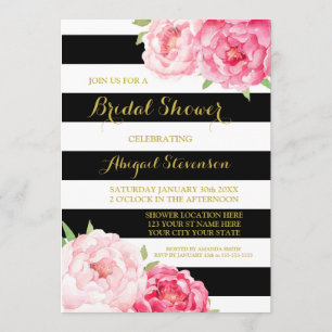 Black Stripe Pink Watercolor Flowers Bridal Shower Invitation