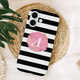 Black Stripe & Pink Watercolor Initial Monogram iPhone 16 Case