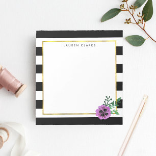 Black Stripe & Purple Pansy Personalised Notepad
