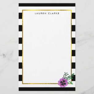 Black Stripe Purple Pansy Personalised Stationery