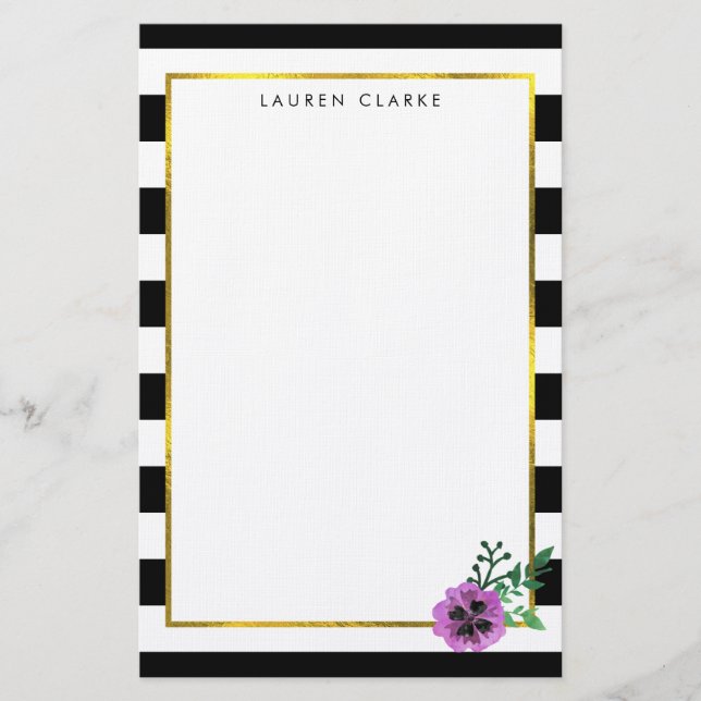 Black Stripe Purple Pansy Personalised Stationery (Front)