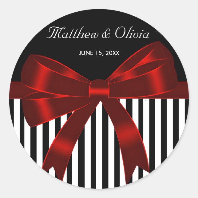Black Stripe Red Bow Wedding Classic Round Sticker (Front)