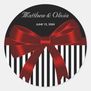Black Stripe Red Bow Wedding Classic Round Sticker