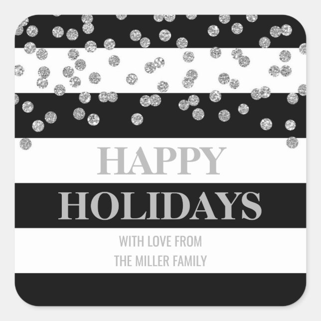 Black Stripe Silver Confetti Happy Holidays Custom Square Sticker (Front)
