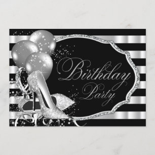 Black Stripe Silver High Heels Birthday Party Invitation