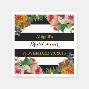 Black Stripe Vintage Floral Bridal Shower Napkin