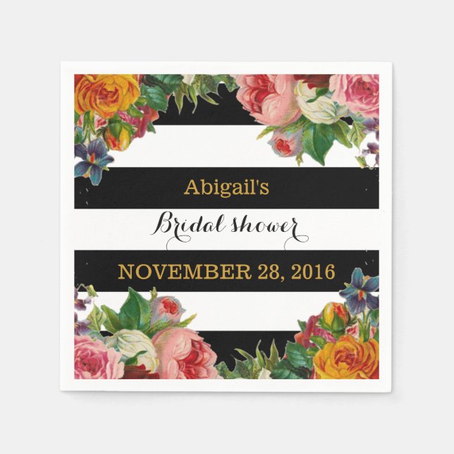 Black Stripe Vintage Floral Bridal Shower Napkin (Front)