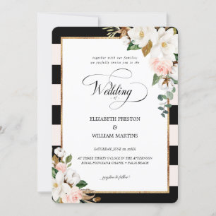Black Striped and Magnolia Floral Wedding Invitation