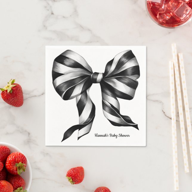 Black Striped Bow Personalised Preppy Napkin (Insitu)