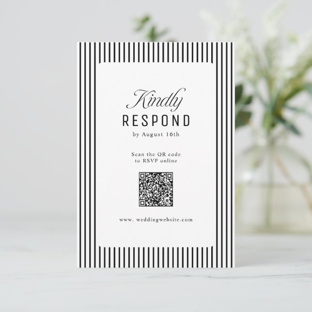 Black Striped Elegance Classy QR Code Wedding RSVP Card (Standing Front)