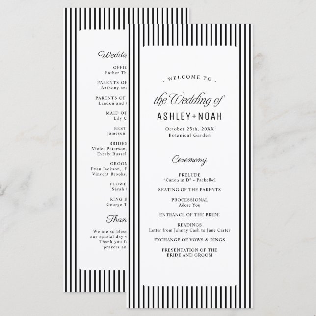Black Striped Elegance Classy Wedding Program Menu (Front/Back)