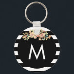 Black Striped Floral Monogrammed Key Ring<br><div class="desc">Black Striped Floral Monogrammed Keychain</div>