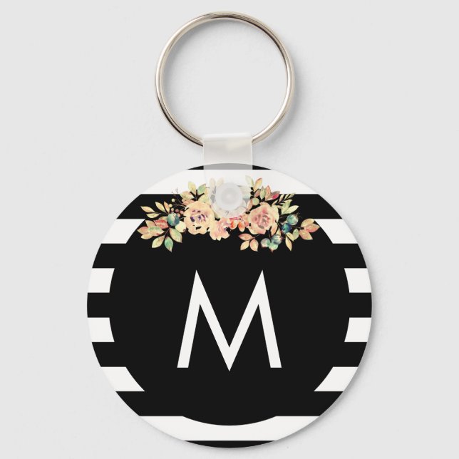 Black Striped Floral Monogrammed Key Ring (Front)