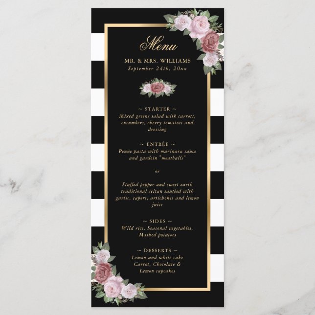 Black Striped Gold Blush Pink Floral Wedding Menu (Front)
