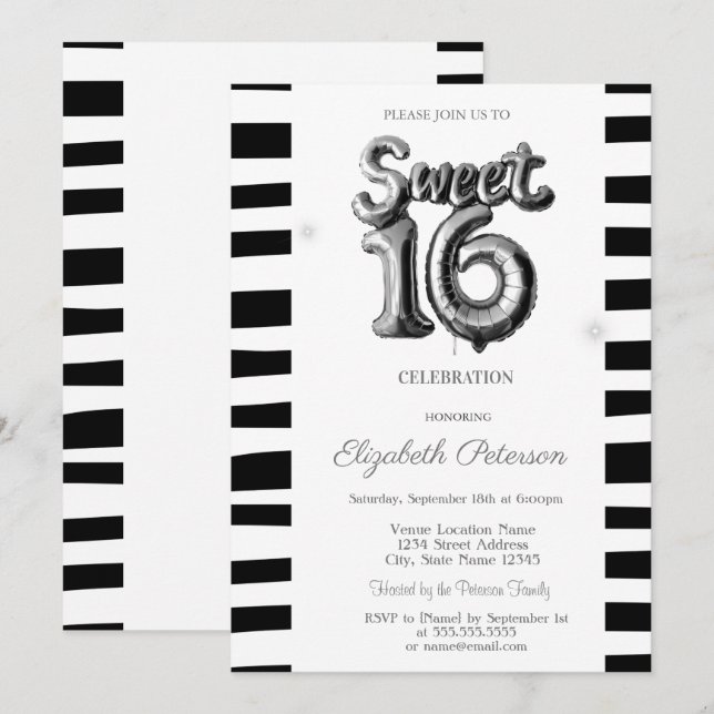 Black Striped Silver Balloon Sweet 16  Invitation (Front/Back)