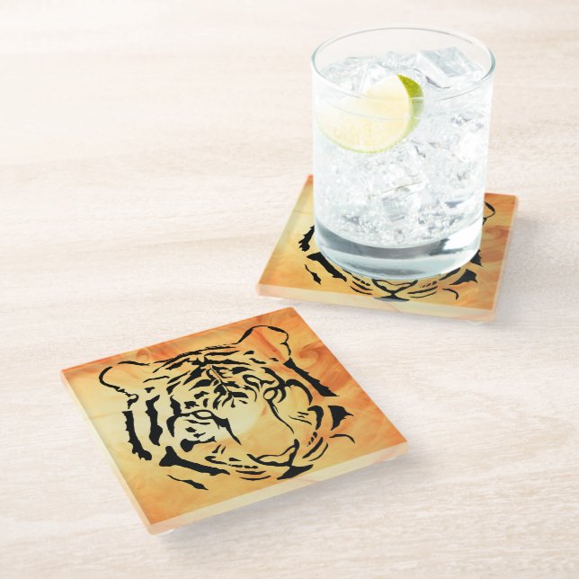 Black Striped Tiger on Fiery Orange Glass Coaster (Angled)