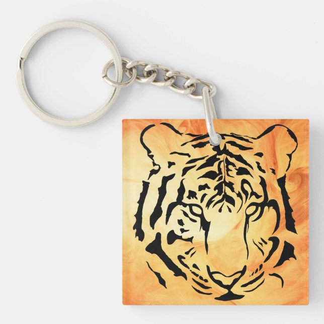 Black Striped Tiger on Fiery Orange Key Ring (Front)