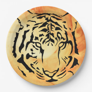 Black Striped Tiger on Fiery Orange Paper Plate