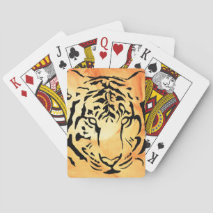 Black Striped Tiger on Fiery Orange Playing Cards