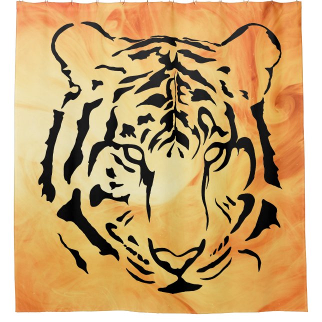 Black Striped Tiger on Fiery Orange Shower Curtain (Front)