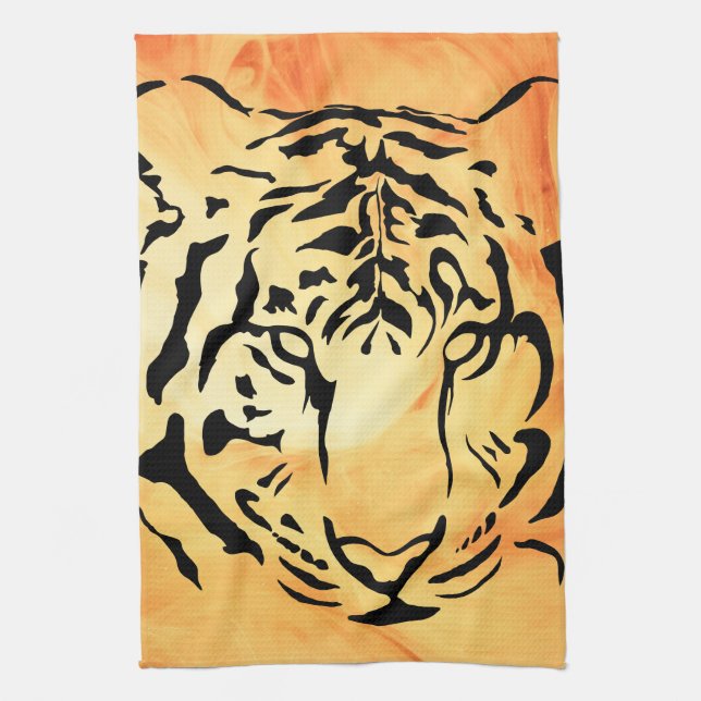 Black Striped Tiger on Fiery Orange Tea Towel (Vertical)