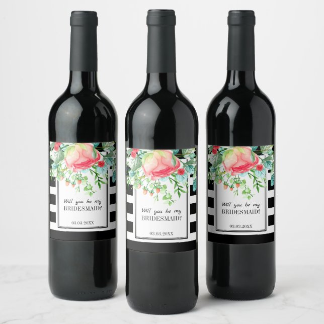 Black Stripes And Flowers  Wine Label (Bottles)