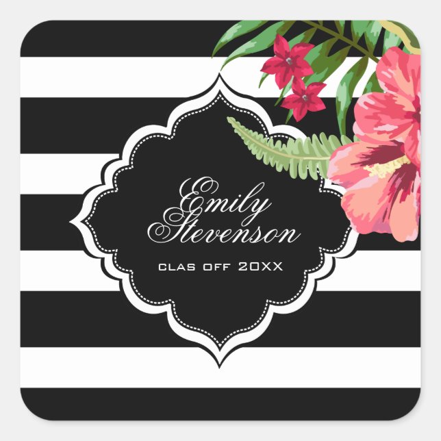 Black Stripes And Hibiscus- Graduations Square Sticker (Front)