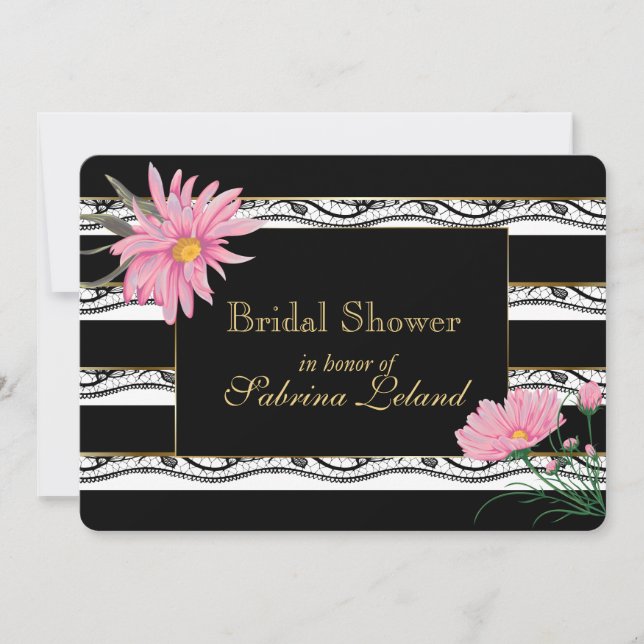 Black Stripes and Lace  Pink Floral Bridal Shower Invitation (Front)