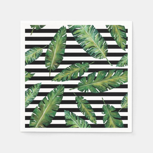 Black stripes banana leaf tropical summer pattern napkin (Front)