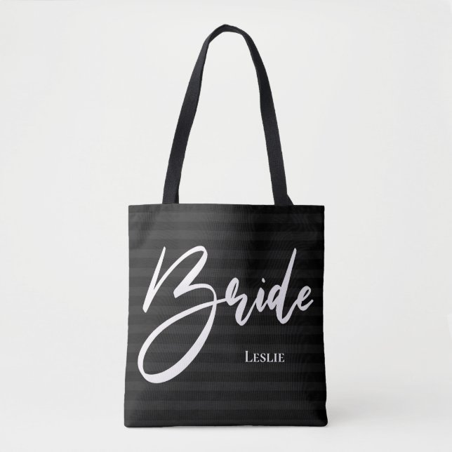 Black Stripes Chic Bride Tote White Print (Front)