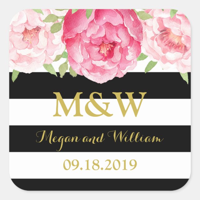 Black Stripes Floral Monogram Wedding Favour Tag (Front)