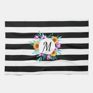 Black Stripes Floral Wreath Personalised Initial Tea Towel