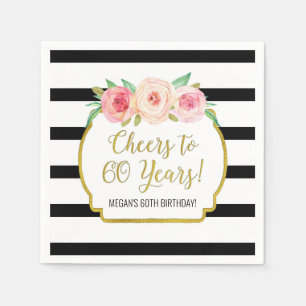 Black Stripes Flowers Cheers to 60 Years Birthday Napkin