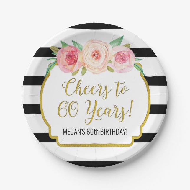 Black Stripes Flowers Cheers to 60 Years Birthday Paper Plate (Front)