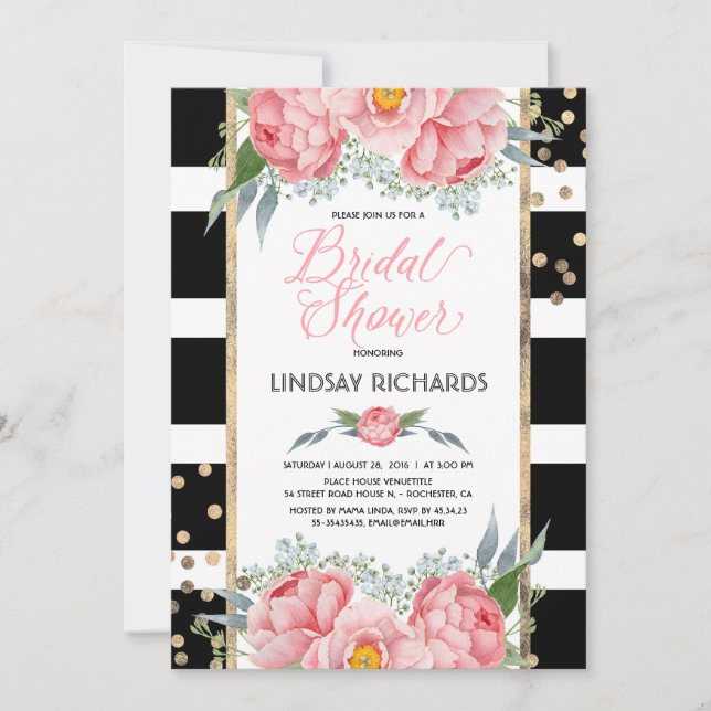 Black Stripes Gold and Pink Floral Bridal Shower Invitation (Front)