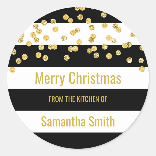 Black Stripes Gold Confetti Christmas Baking Classic Round Sticker (Front)