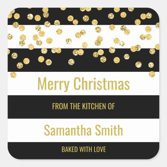 Black Stripes Gold Confetti Christmas Baking Square Sticker (Front)